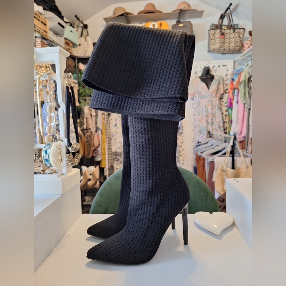 Source Unknown Black Over-the-Knee Pointed Stiletto Boots